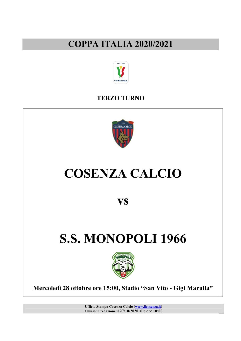 COSENZA CALCIO Vs S.S. MONOPOLI 1966
