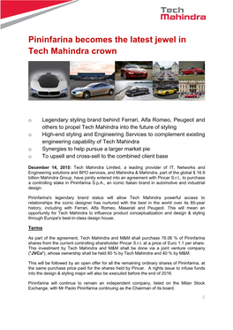 Pininfarina Becomes the Latest Jewel in Tech Mahindra Crown