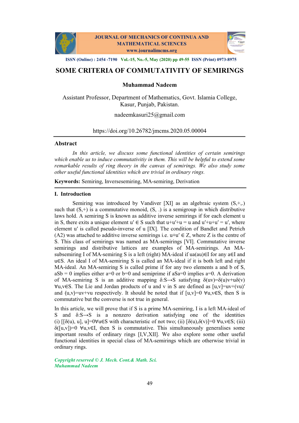 Some Criteria of Commutativity of Semirings