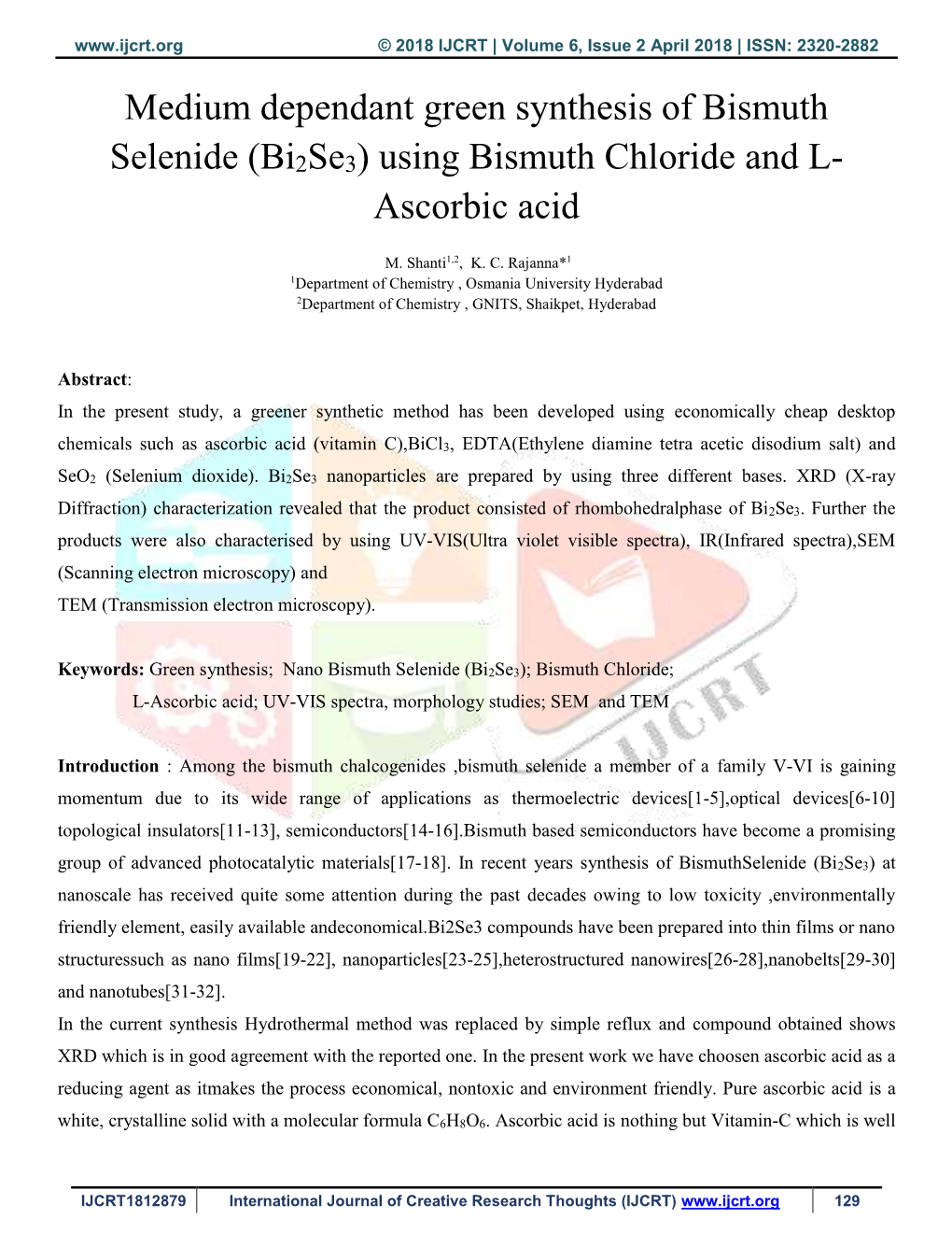 Medium Dependant Green Synthesis of Bismuth Selenide (Bi2se3)