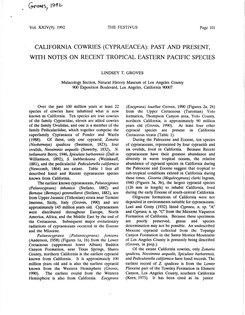 Groves, 19^ CALIFORNIA COWRIES