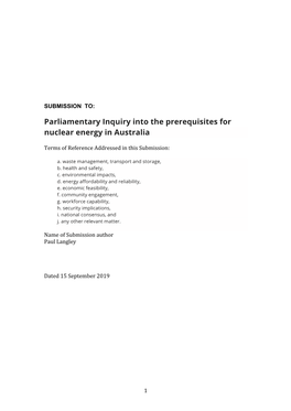 Parliamentary Inquiry Into the Prerequisites for Nuclear Energy in Australia