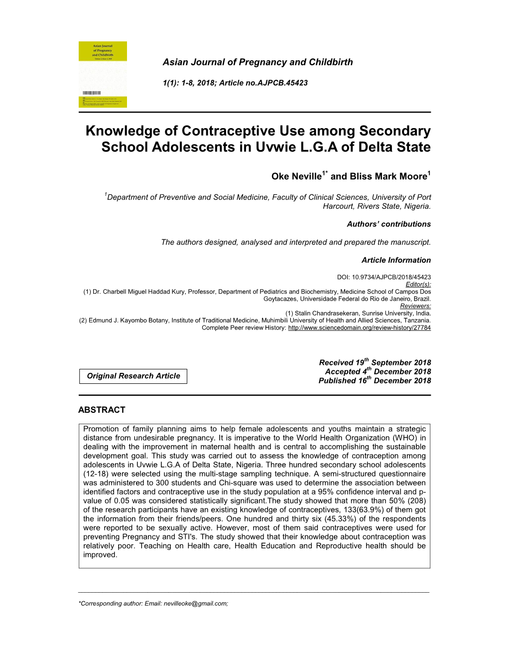 Knowledge of Contraceptive Use Among Secondary School Adolescents in Uvwie L.G.A of Delta State