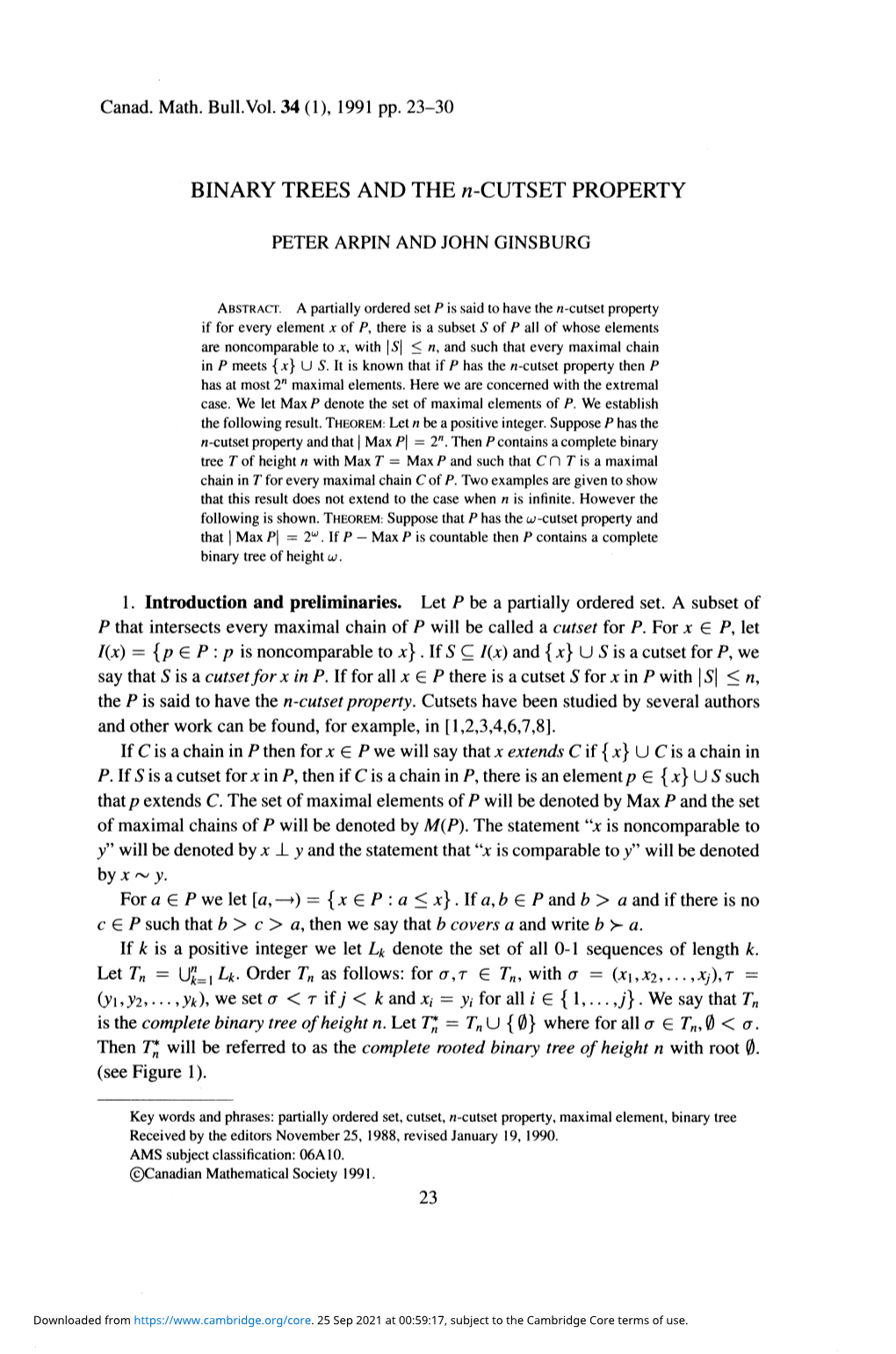 BINARY TREES and the N-CUTSET PROPERTY