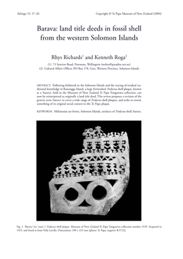 Barava: Land Title Deeds in Fossil Shell from the Western Solomon Islands