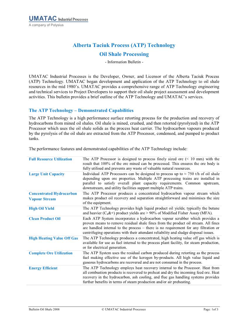 Alberta Taciuk Process (ATP) Technology Oil Shale Processing - Information Bulletin
