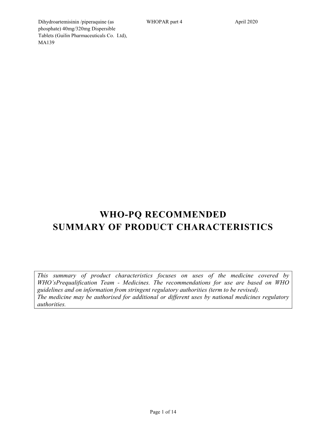 Who-Pq Recommended Summary of Product Characteristics