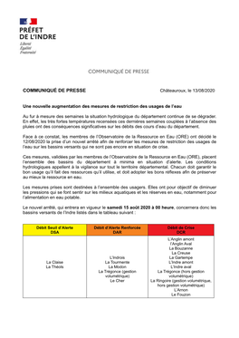 COMMUNIQUÉ DE PRESSE Châteauroux, Le 13/08/2020