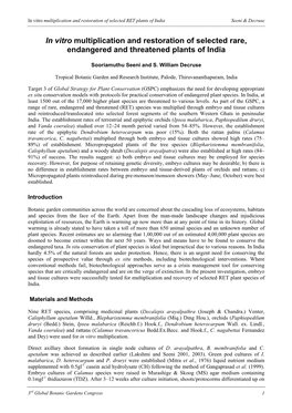 In Vitro Multiplication and Restoration of Selected Rare, Endangered and Threatened Plants of India