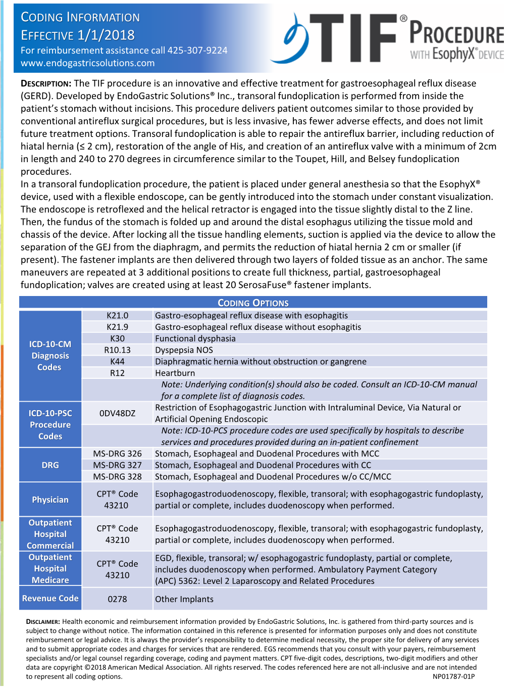 CODING INFORMATION EFFECTIVE 1/1/2018 for Reimbursement Assistance Call 425-307-9224