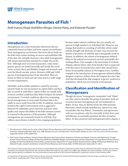 Monogenean Parasites of Fish 1 Ruth Francis-Floyd, Ruthellen Klinger, Denise Petty, and Deborah Pouder2