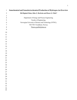 Sonochemical and Sonoelectrochemical Production of Hydrogen-An Overview 2 Md Hujjatul Islam, Odne S