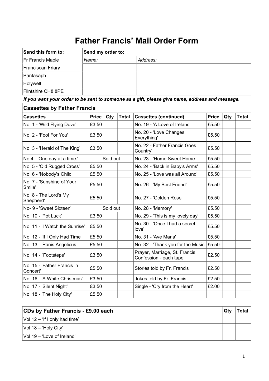 Father Francis' Mail Order Form