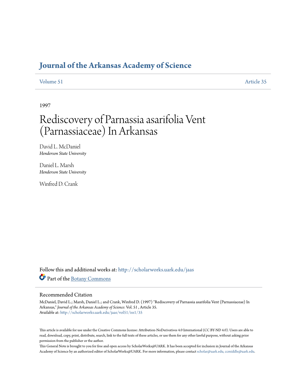 Rediscovery of Parnassia Asarifolia Vent (Parnassiaceae) in Arkansas David L