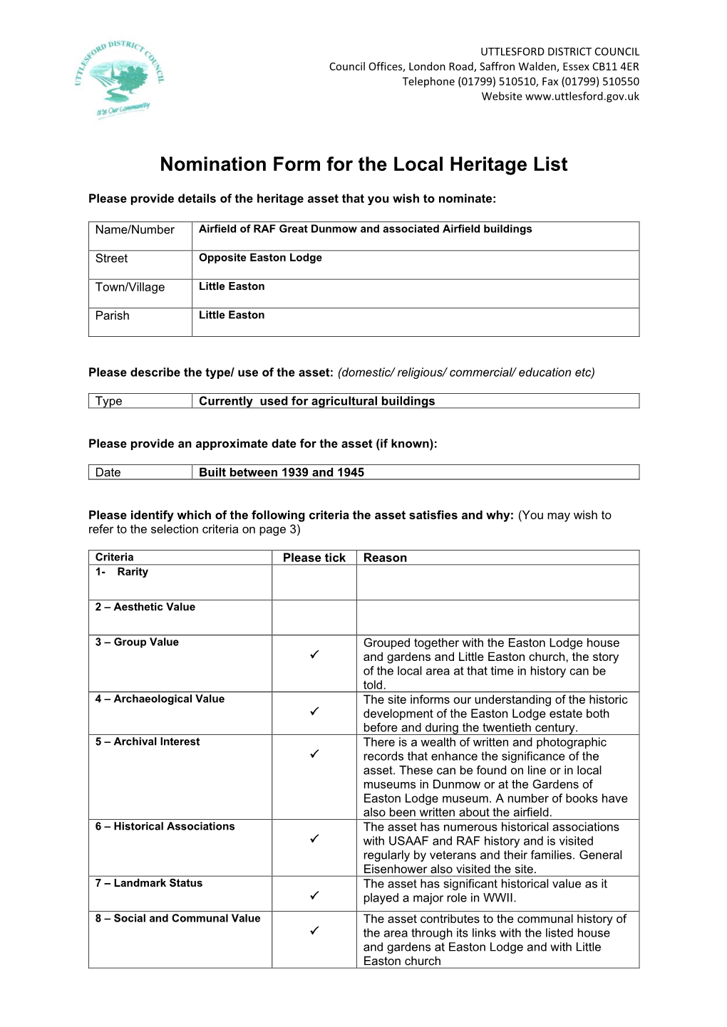 Nomination Form for the Local Heritage List