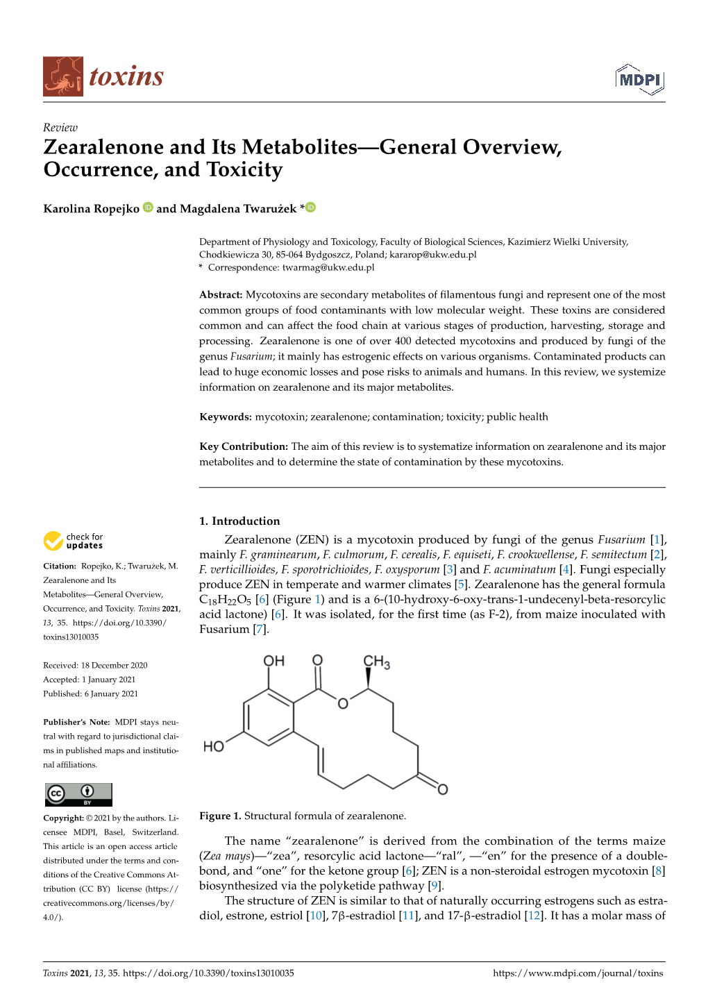 Zearalenone and Its Metabolites—General Overview, Occurrence, and Toxicity