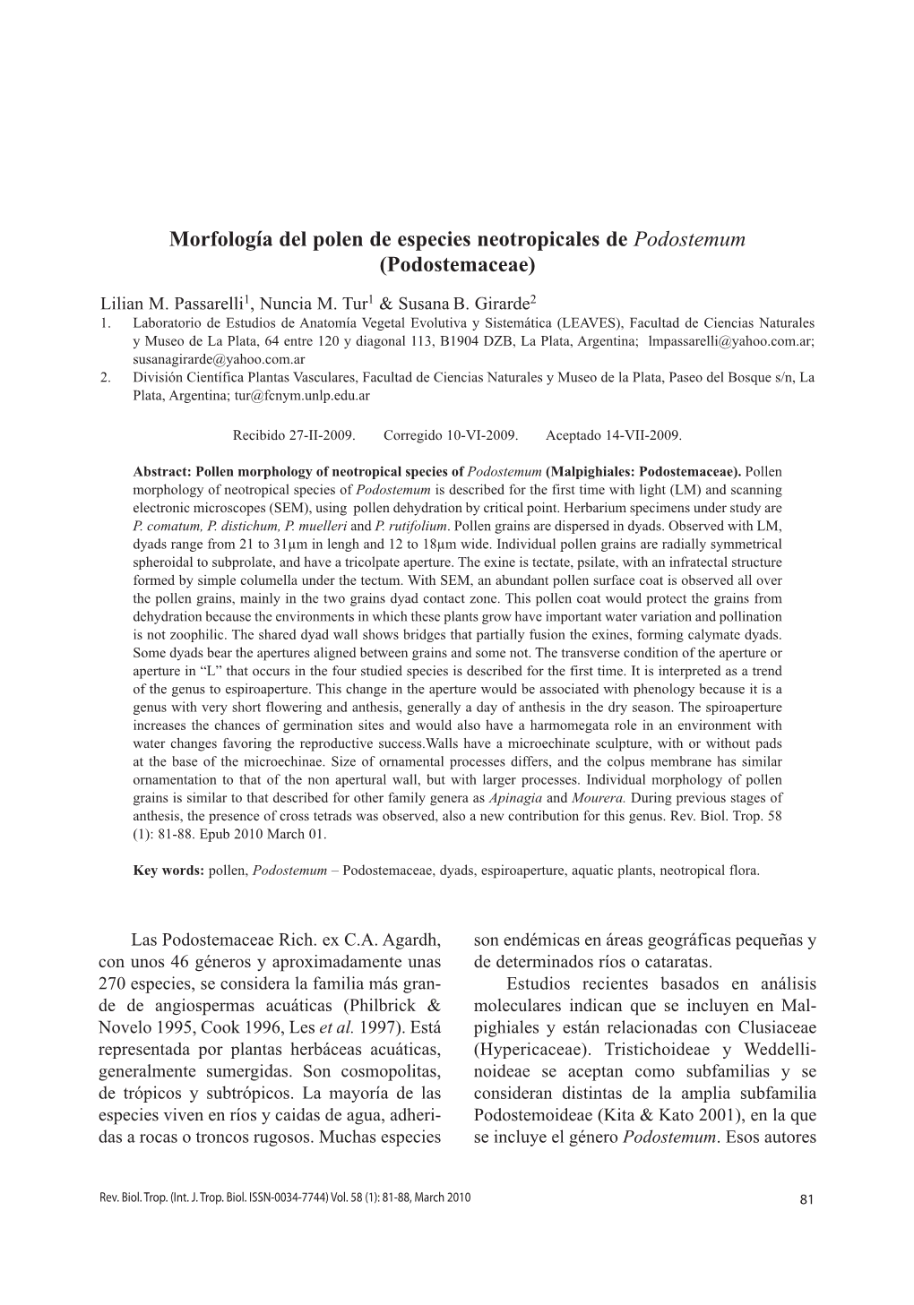 Morfología Del Polen De Especies Neotropicales De Podostemum (Podostemaceae)