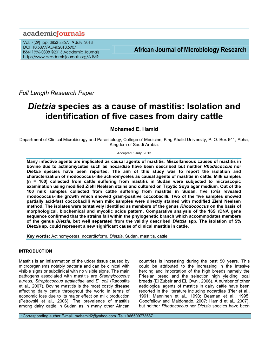 Dietzia Species As a Cause of Mastitis: Isolation and Identification of Five Cases from Dairy Cattle