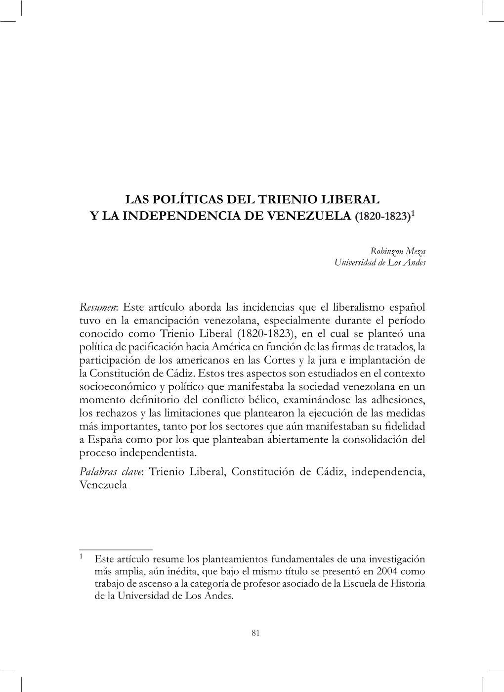 Las Políticas Del Trienio Liberal Y La Independencia De Venezuela (1820-1823)