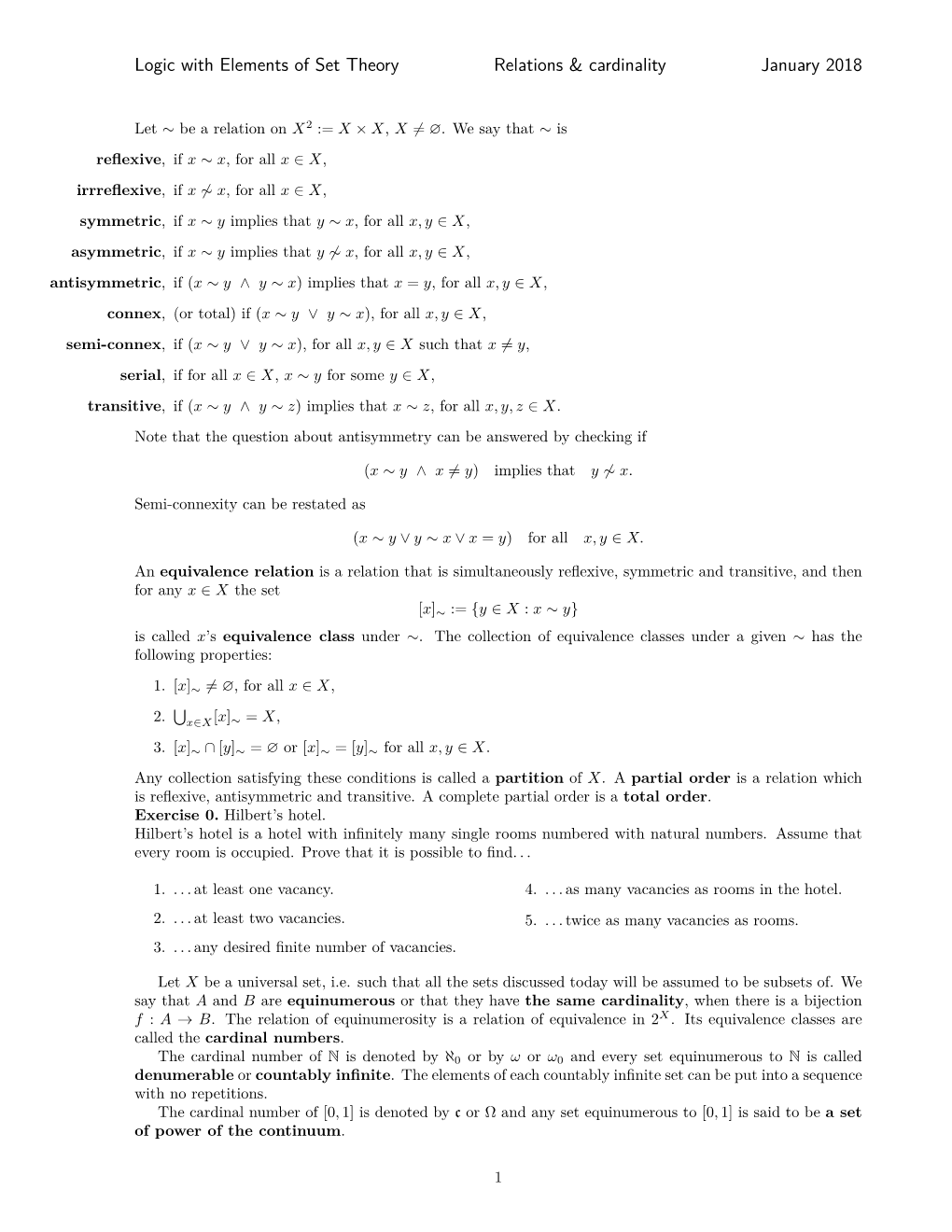 Logic with Elements of Set Theory Relations & Cardinality January 2018