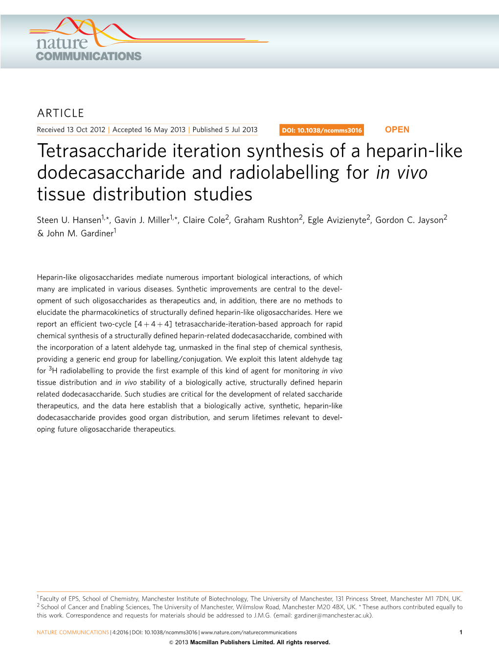 Tetrasaccharide Iteration Synthesis of a Heparin-Like Dodecasaccharide and Radiolabelling for in Vivo Tissue Distribution Studies