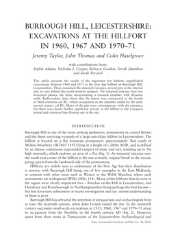 Burrough Hill, Leicestershire: Excavations at the Hillfort in 1960, 1967 and 1970–71 Jeremy Taylor, John Thomas and Colin Haselgrove