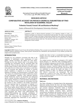 COMPARATIVE ACCOUNT on PHYSICO-CHEMICAL PARAMETERS of TWO WETLANDS of KASHMIR, VALLEY Tehmina Yousuf, Yousuf
