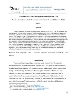 Evaluating Text Complexity and Flesch-Kincaid Grade Level Marina I. Solnyshkina1, Radif R. Zamaletdinov2, Ludmila A. Gorodetskay