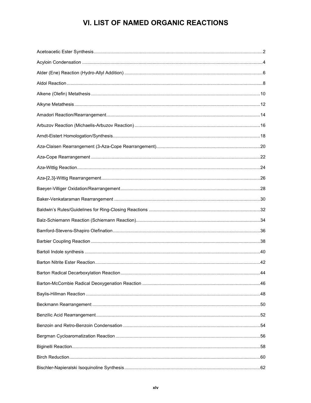 Vi. List of Named Organic Reactions