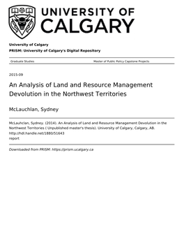 An Analysis of Land and Resource Management Devolution in the Northwest Territories