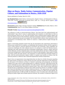 Radio Nation: Communication, Popular Culture, and Nationalism in Mexico, 1920-1950'