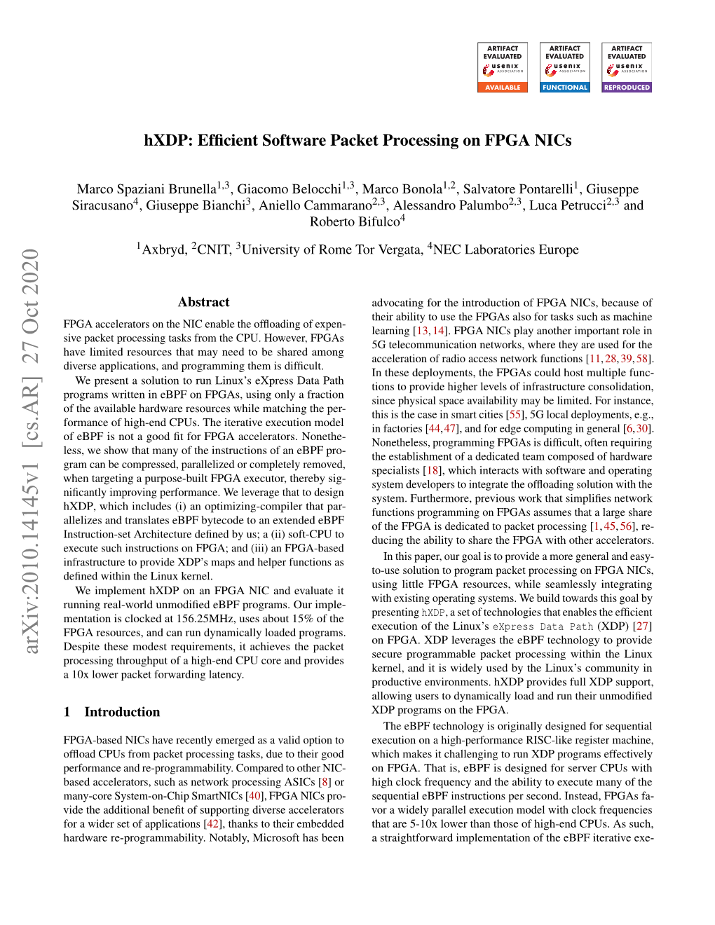 Hxdp: Efficient Software Packet Processing on FPGA Nics