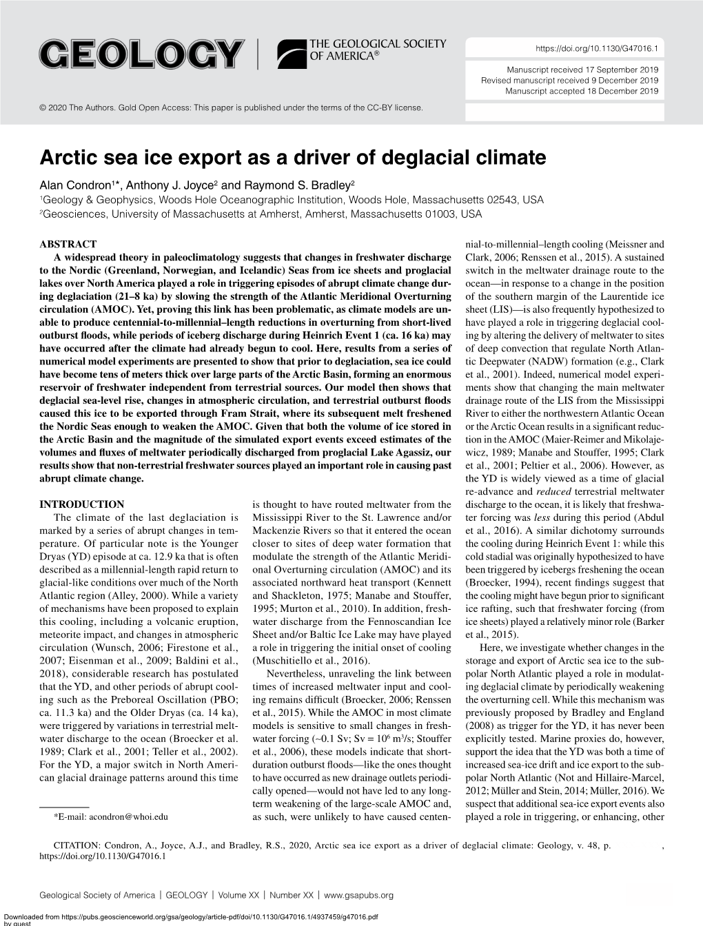 Arctic Sea Ice Export As a Driver of Deglacial Climate Alan Condron1*, Anthony J