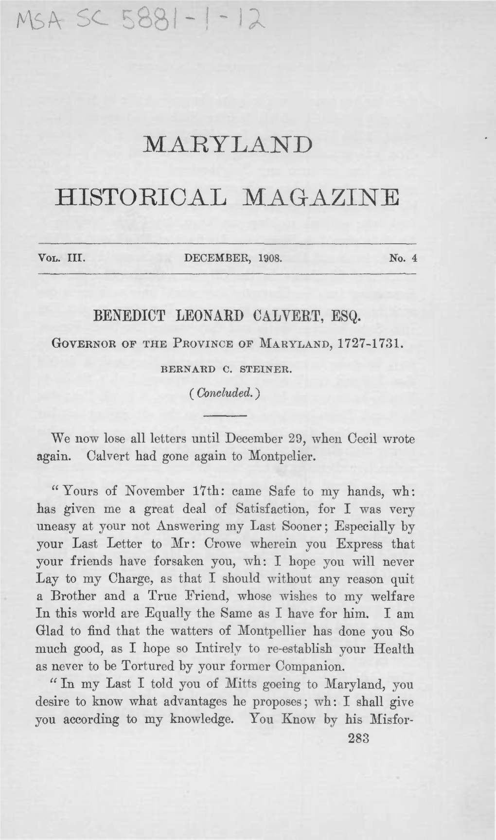 Maryland Historical Magazine, 1908, Volume 3, Issue No. 4