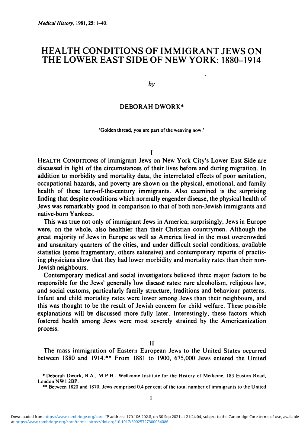 Health Conditions of Immigrant Jews on the Lower East Side of New York: 1880-1914