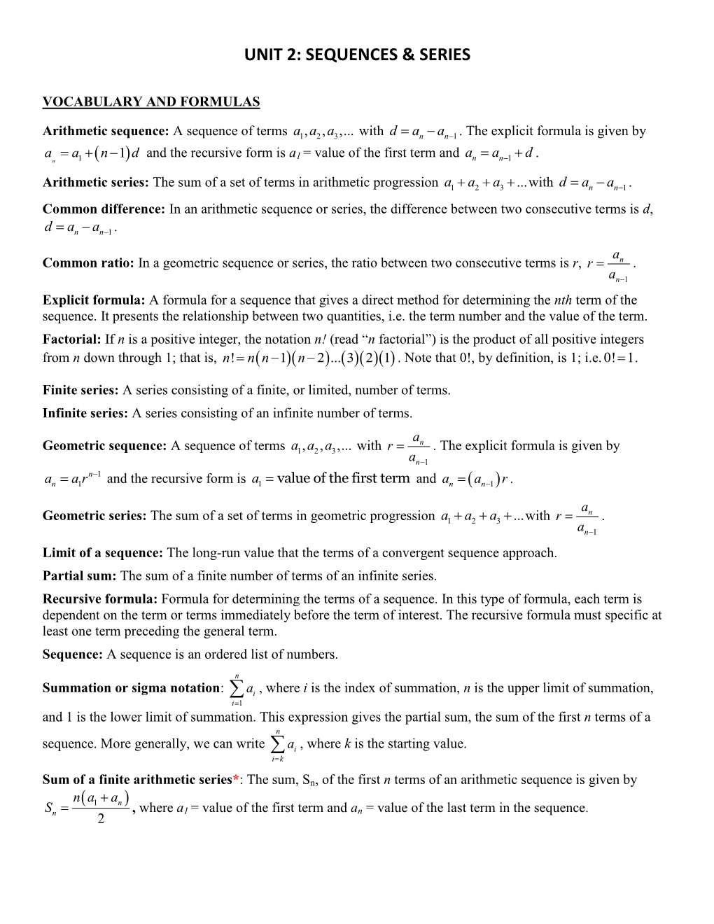 Unit 2: Sequences & Series