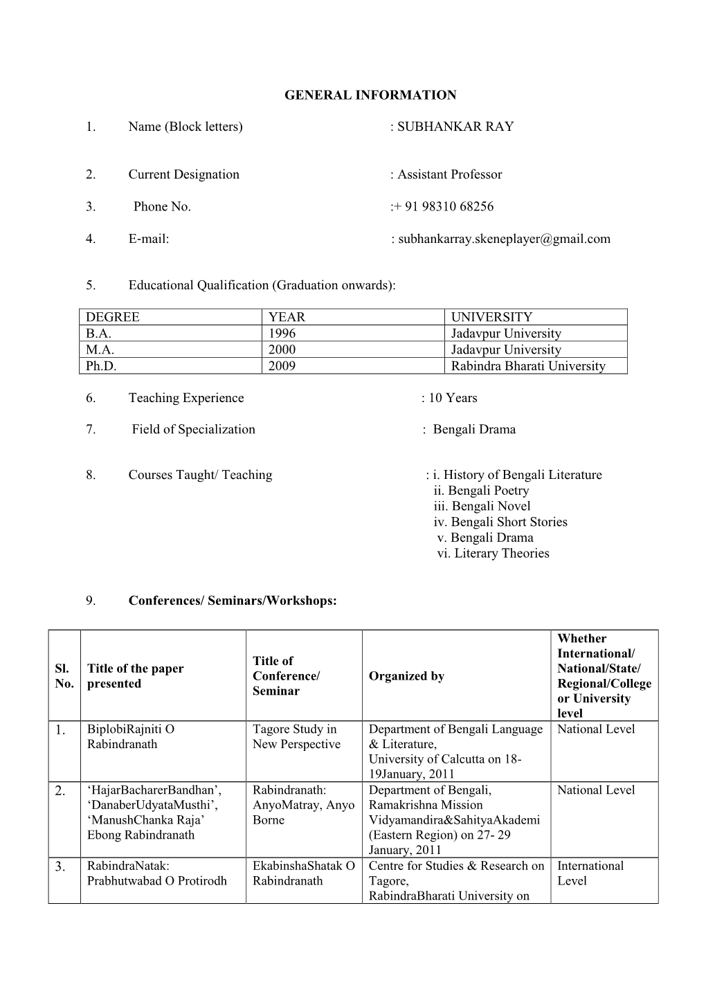 GENERAL INFORMATION 1. Name (Block Letters) : SUBHANKAR RAY 2. Current Designation : Assistant Professor 3. Phone No. :+