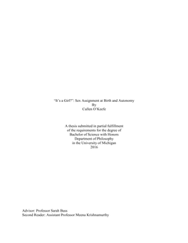 Sex Assignment at Birth and Autonomy by Cullen O'keefe a Thesis Submitted in Partial Fulfillment Of