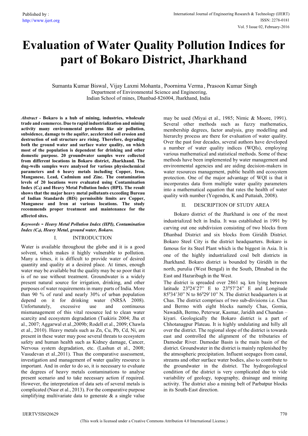 Evaluation of Water Quality Pollution Indices for Part of Bokaro District, Jharkhand