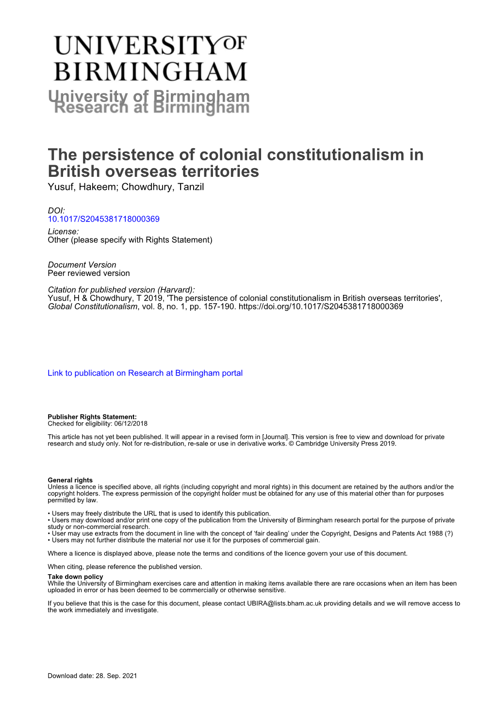 University of Birmingham the Persistence of Colonial