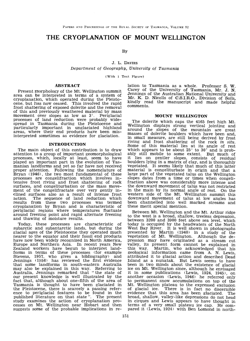 The Cryoplanation of Mount Wellington