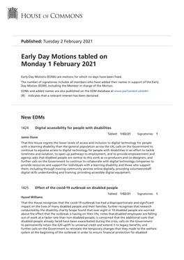 Early Day Motions Tabled on Monday 1 February 2021
