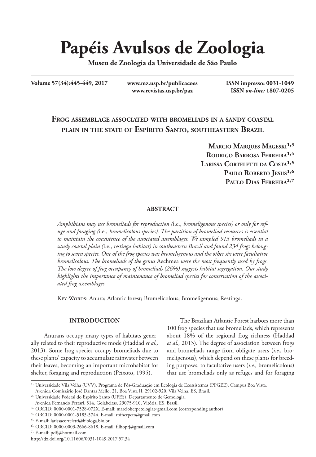 Frog Assemblage Associated with Bromeliads in a Sandy Coastal Plain in the State of Espírito Santo, Southeastern Brazil