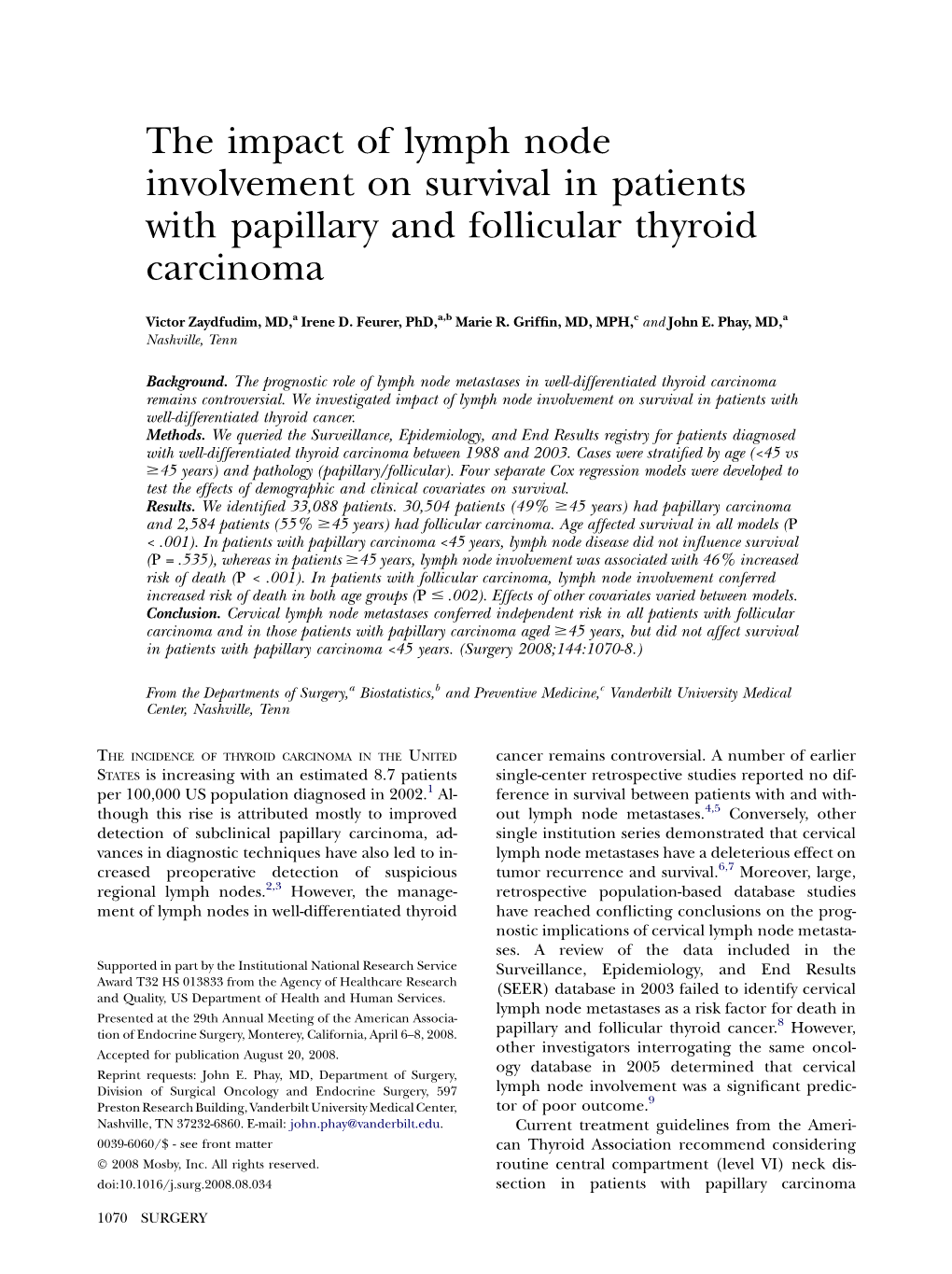 The Impact of Lymph Node Involvement on Survival in Patients with Papillary and Follicular Thyroid Carcinoma