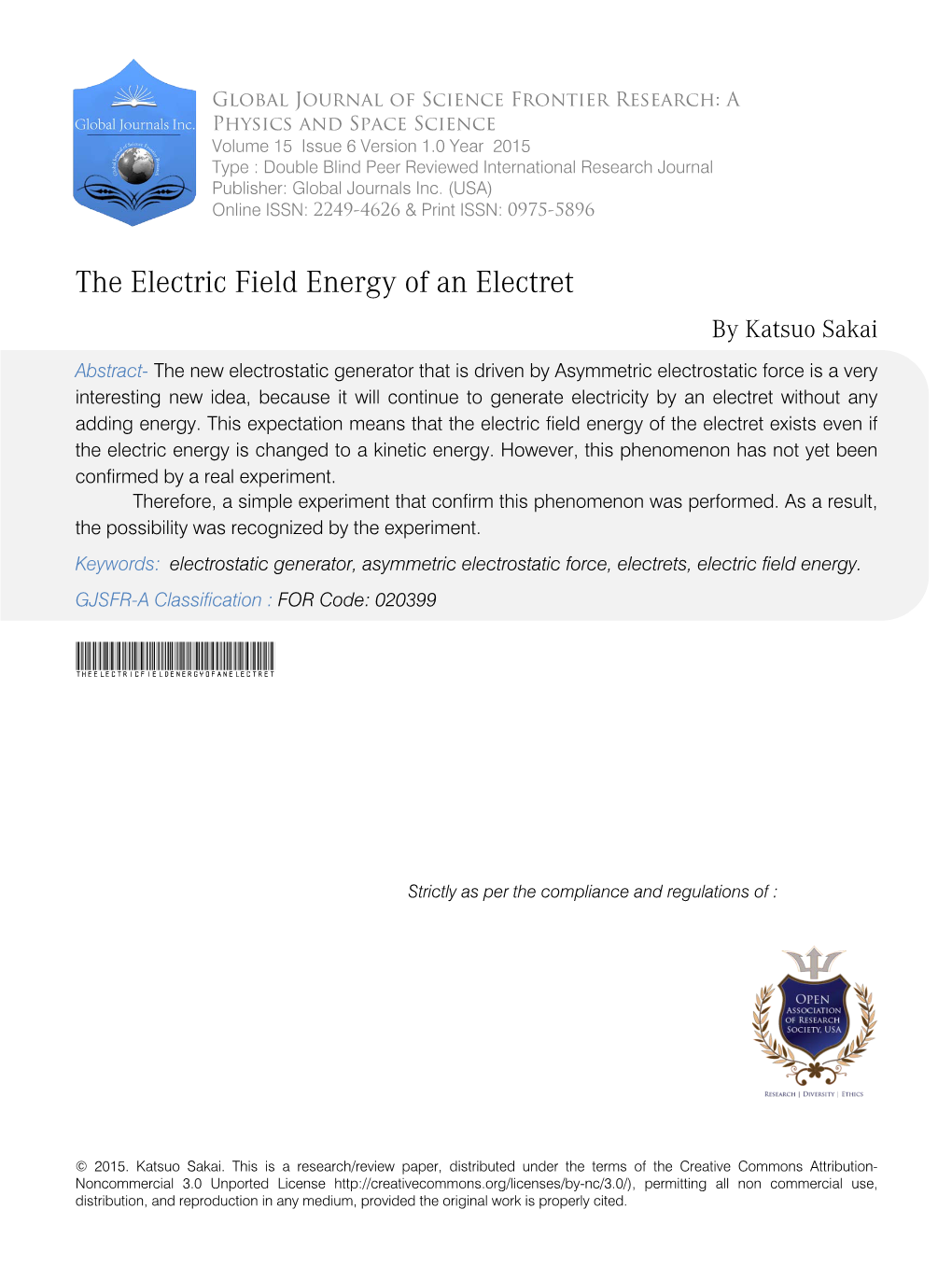 The Electric Field Energy of an Electret by Katsuo Sakai