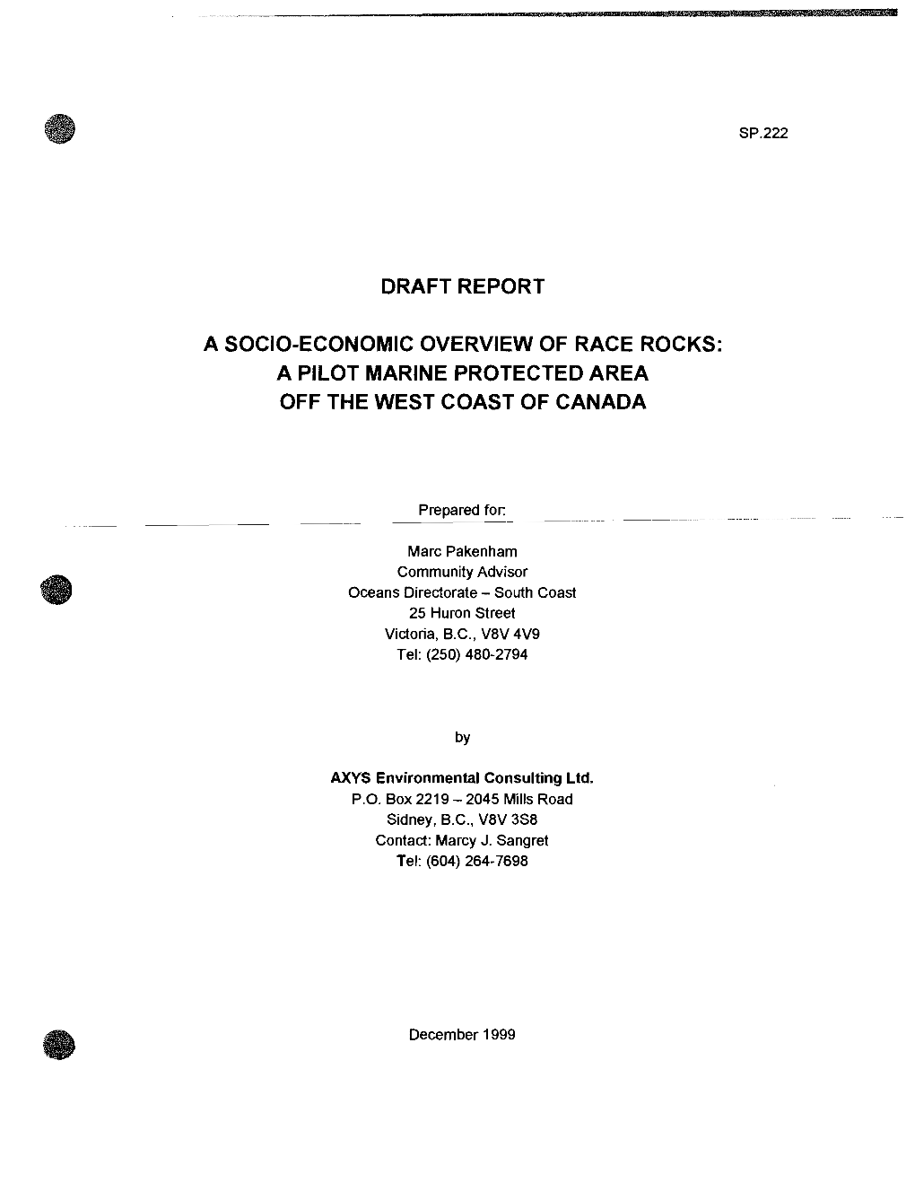 Draft Report a Socio-Economic Overview of Race Rocks: a Pilot