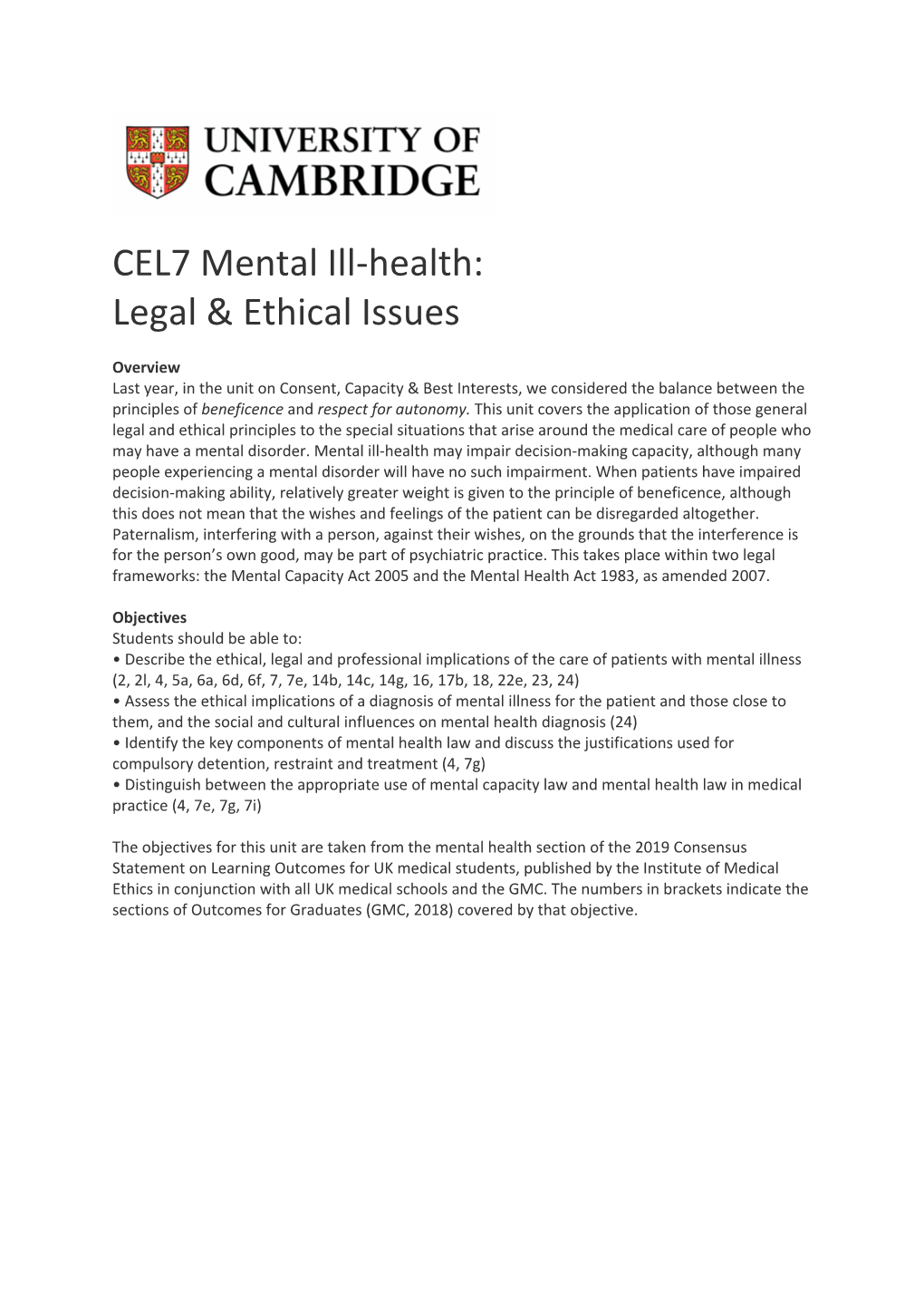 CEL7 Mental Ill-Health: Legal & Ethical Issues