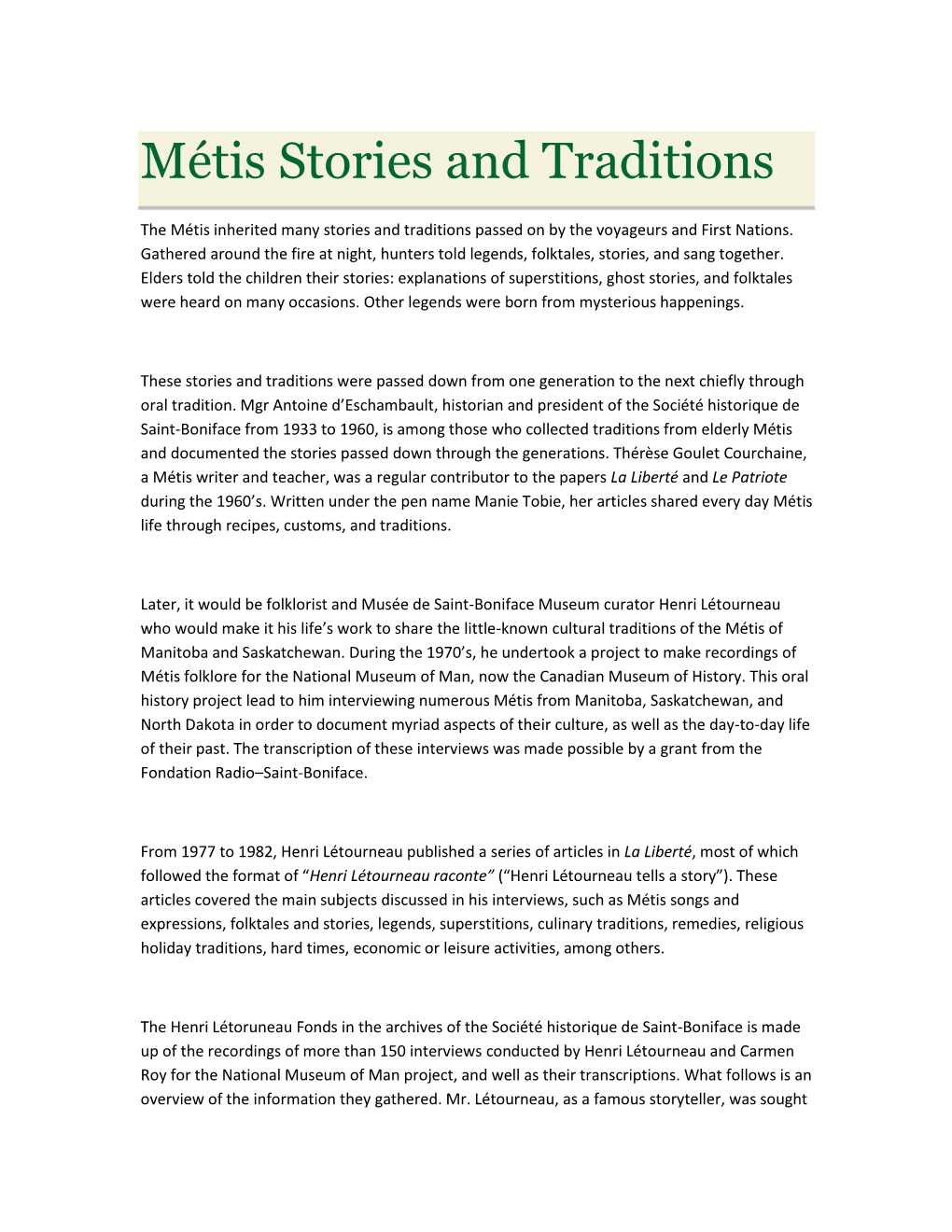 Métis Stories and Traditions