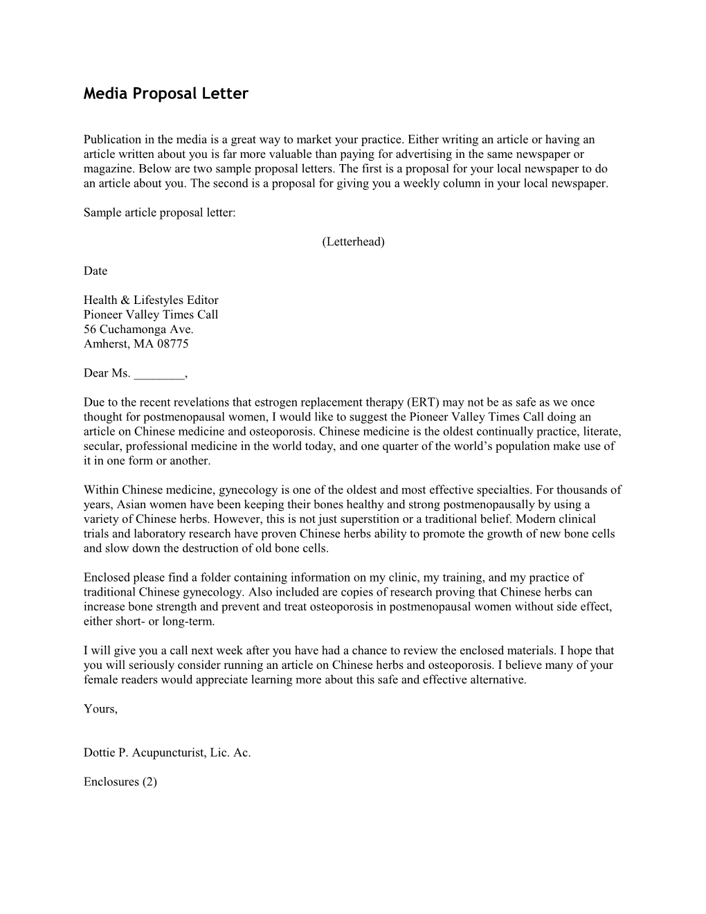 Media Proposal Letter