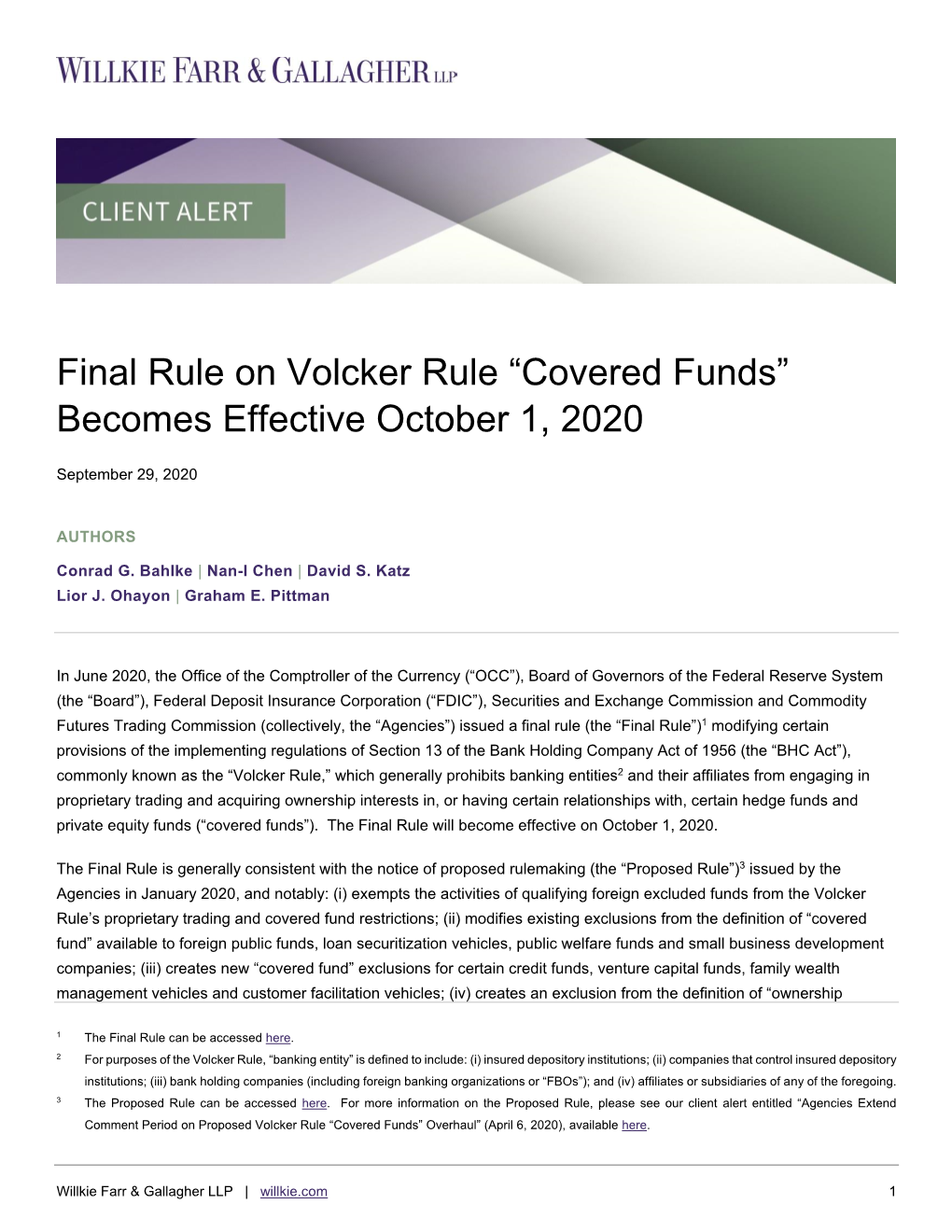 Final Rule on Volcker Rule “Covered Funds” Becomes Effective October 1, 2020